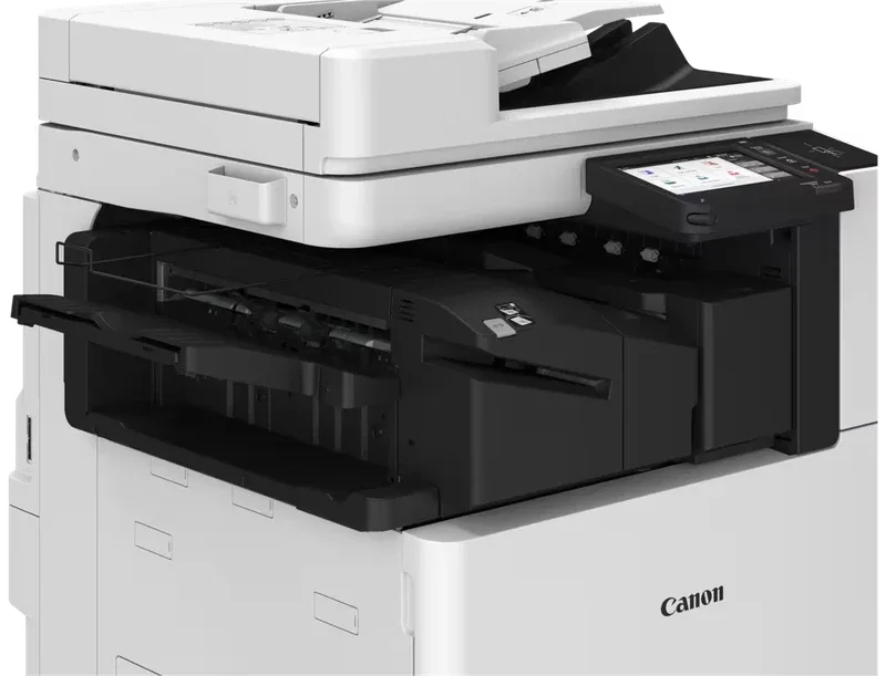 Close-up of the Canon imageFORCE C3026 document feeder, control panel and output tray