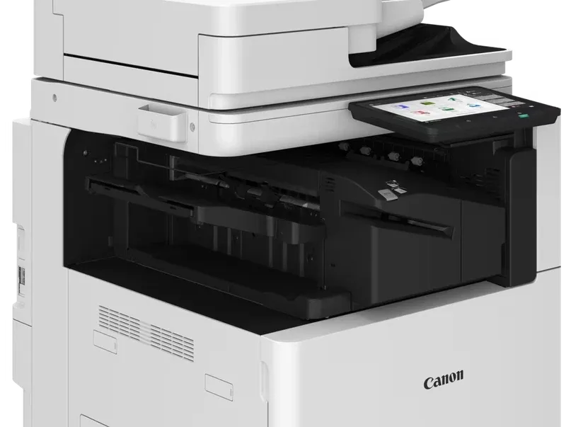 Close-up of the Canon imageFORCE C3100 series document feeder, control panel and output area