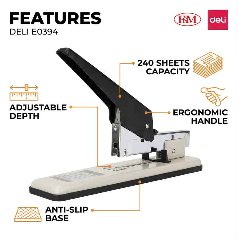 Office staff stapling large report stack with Deli E0394 heavy duty stapler Malaysia