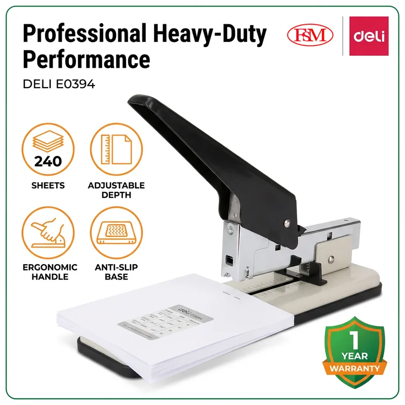 Deli E0394 heavy duty stapler used in Malaysia office for thick document binding