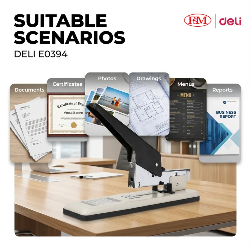 Heavy duty metal stapler Deli E0394 on office desk in Malaysia workplace