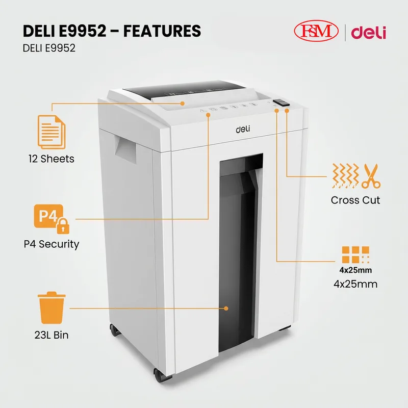 Close up of Deli E9952 shredding confidential business documents