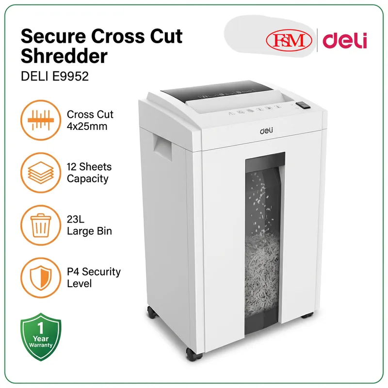 Deli E9952 paper shredder for office use in Malaysia secure document disposal