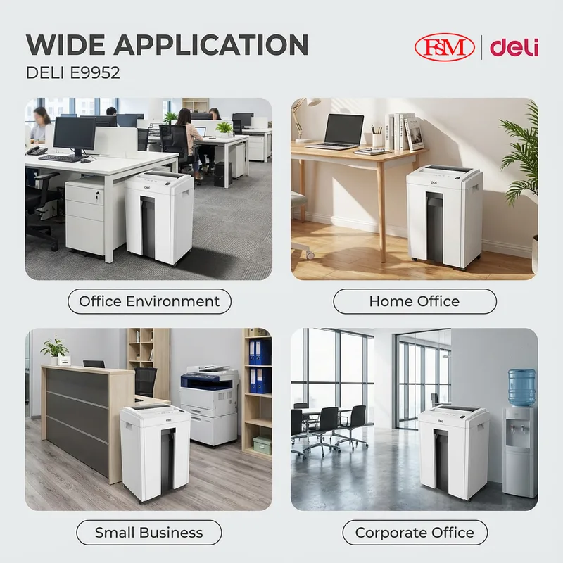 Deli E9952 compact paper shredder beside office desk in Kuala Lumpur workplace
