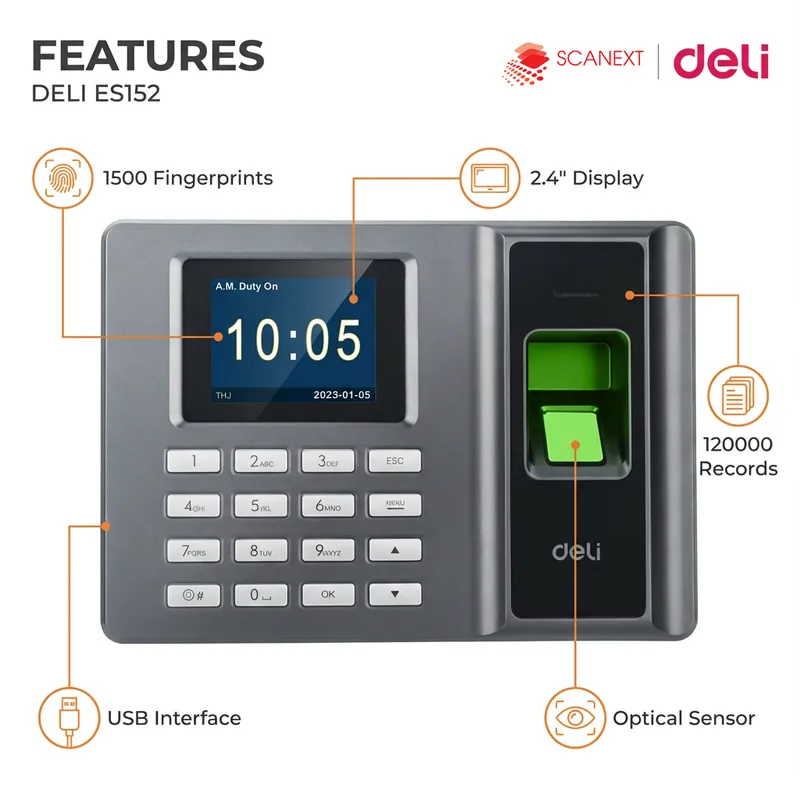 Deli ES152 fingerprint attendance machine supplier in Malaysia for factory and warehouse