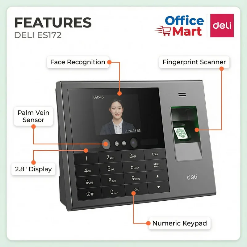 Deli ES172 biometric attendance machine with face and fingerprint recognition for Malaysian companies