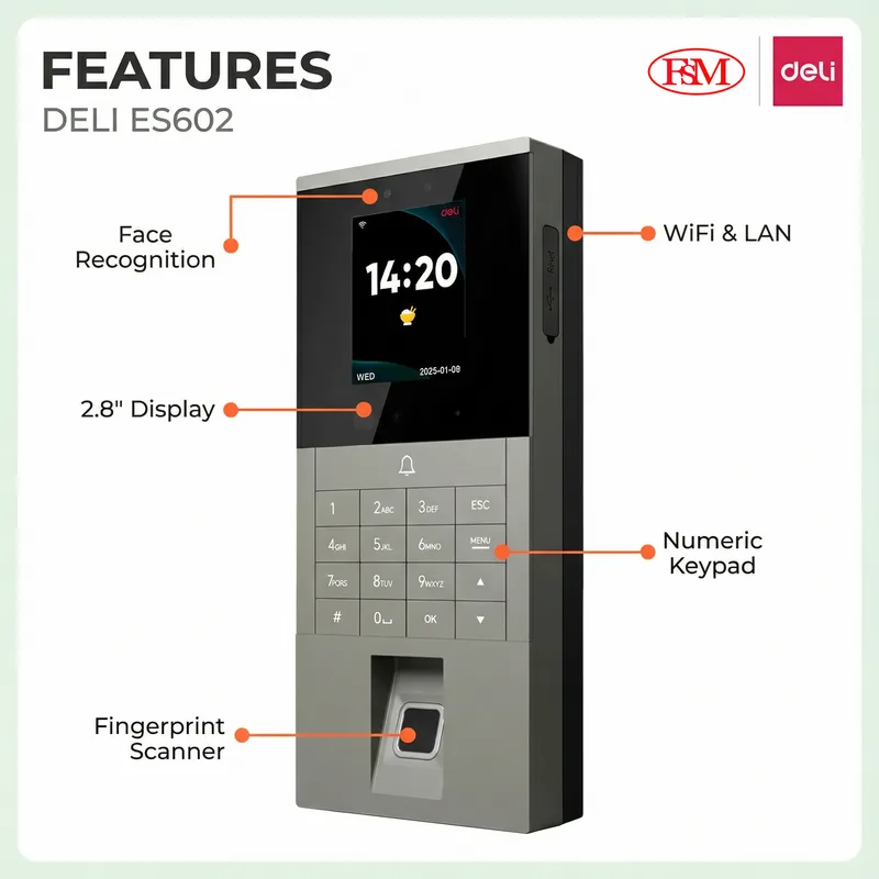 Deli ES602 biometric attendance machine for HR time tracking in Malaysia office