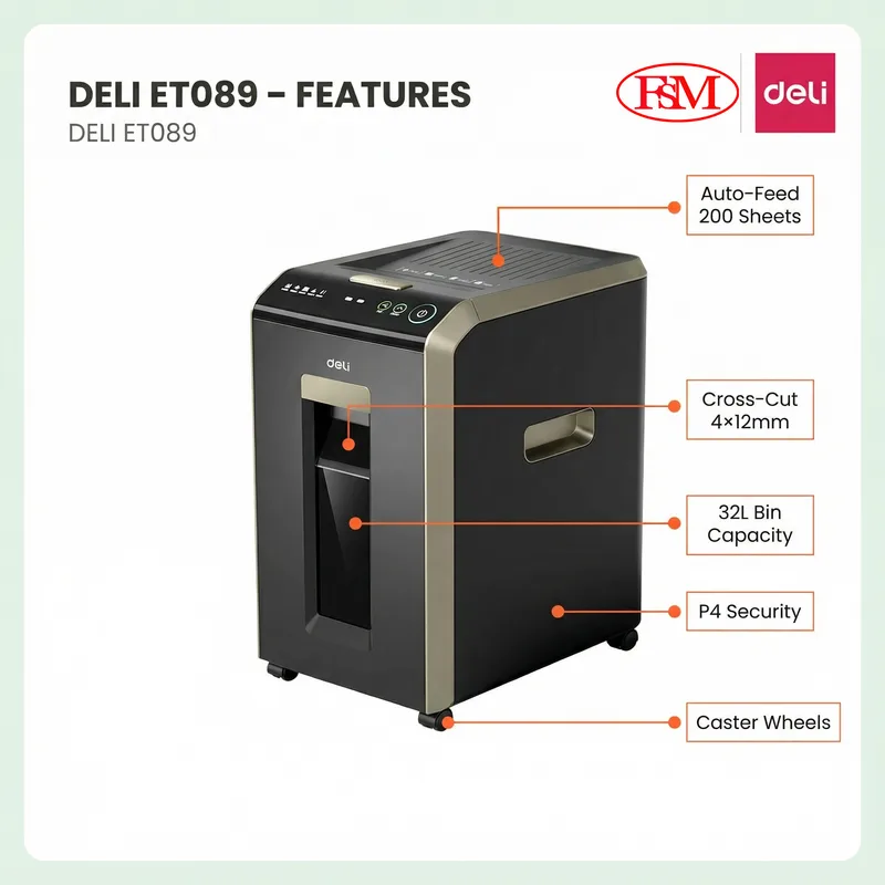 Deli ET089 heavy duty paper shredder beside office desk in Kuala Lumpur