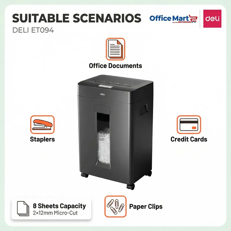 Deli ET094 compact paper shredder beside office desk in Kuala Lumpur workplace