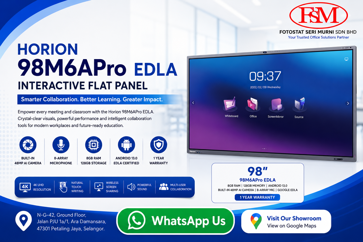 Horion 98M6APro EDLA 98 inch Interactive Flat Panel Display by fsm solution Sdn Bhd