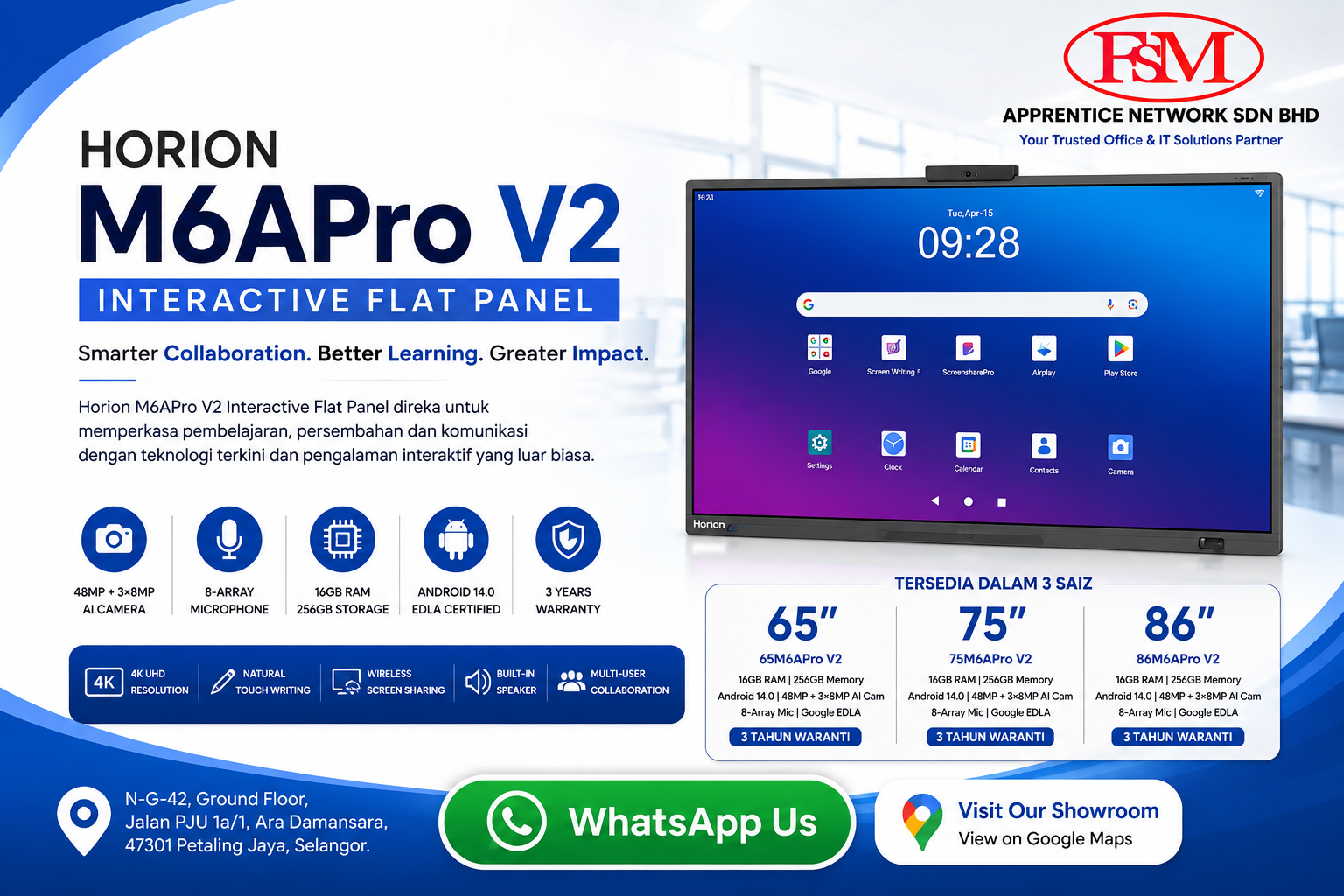 Horion M6APro V2 4K Interactive Flat Panel Display with AI Features by fsm solution Sdn Bhd