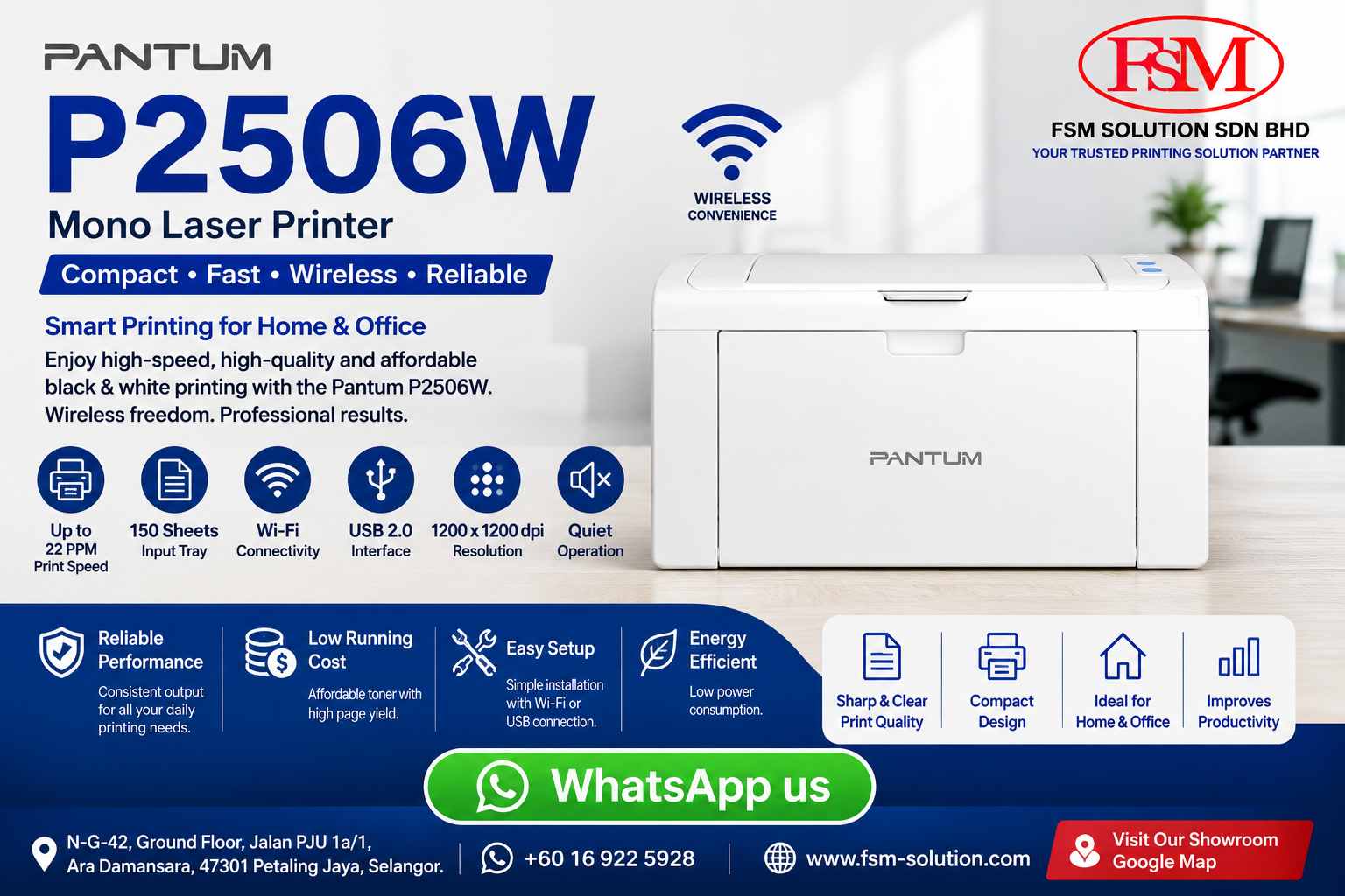 Pantum P2506W Single Function Compact Wireless Laser Printer supplied by fsm solution Sdn Bhd