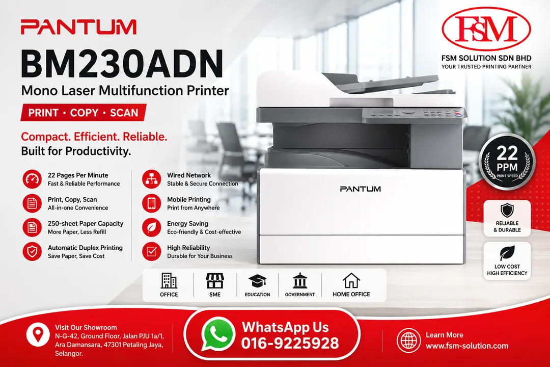 Pantum BM230ADN Mono Multifunction Laser Printer Utility Series - FSM Solution Ara Damansara