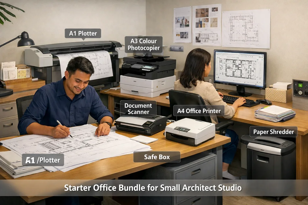 Monthly subscription, hire purchase & rent-to-own for architect offices: A0 plotter, A3 colour copier, scanner, smart board, shredder, safe & attendance.
