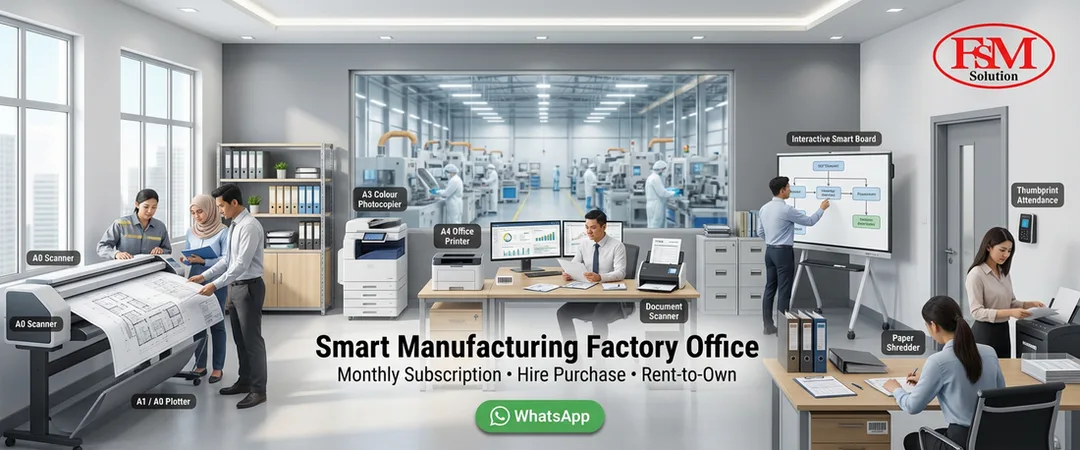 Modern Malaysian factory office equipment bundle with plotter, scanners, copier, smart board and security tools